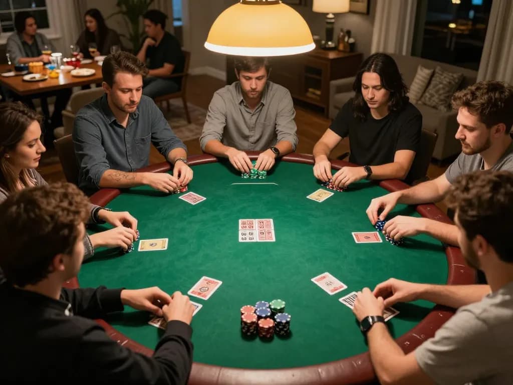 Friends playing poker during a home game night, showcasing cm88 okvip strategy and social interaction.