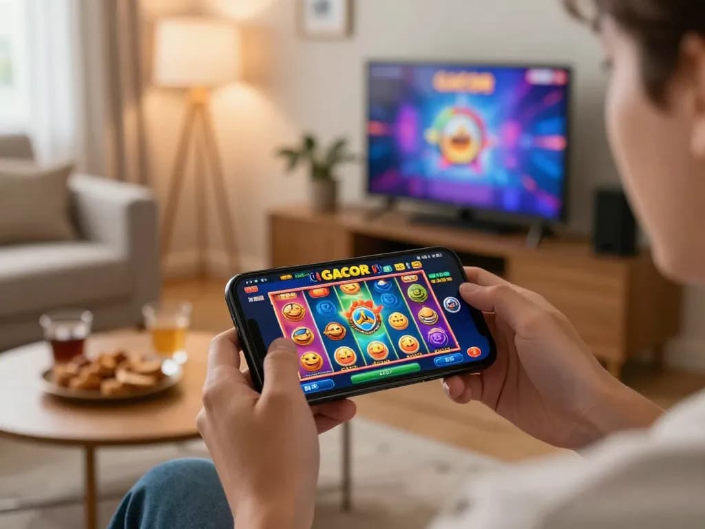 Engaging scene of a player exploring slot gacor games on a mobile device in a cozy home setting