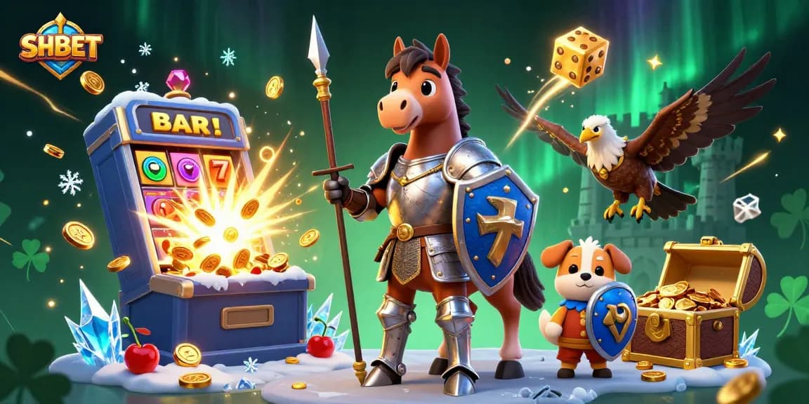 Experience thrilling wins with SHBET featuring a knight, squire, and falcon amid casino elements.