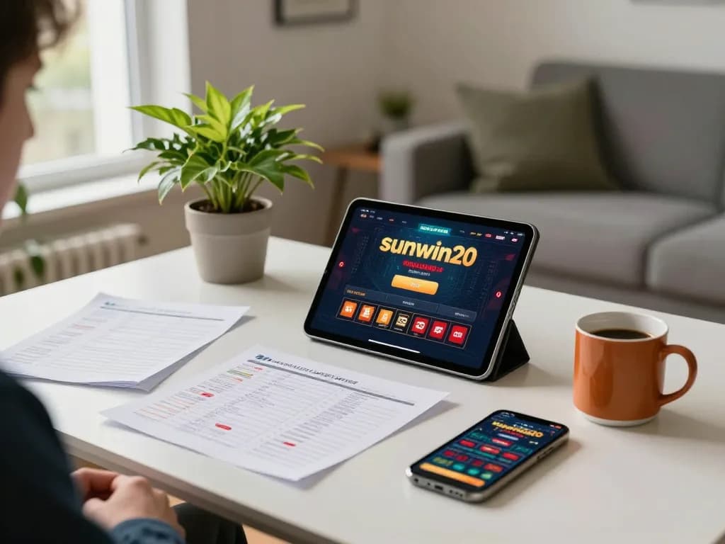 Engaged player using the sunwin20 app for online casino gaming, surrounded by strategy notes and a vibrant home setting.
