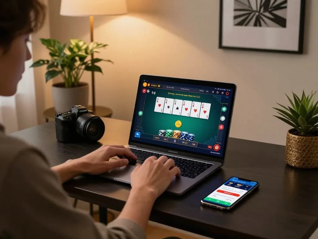 Engaging in online poker gameplay with okfun, showcasing a cozy home gaming setup.