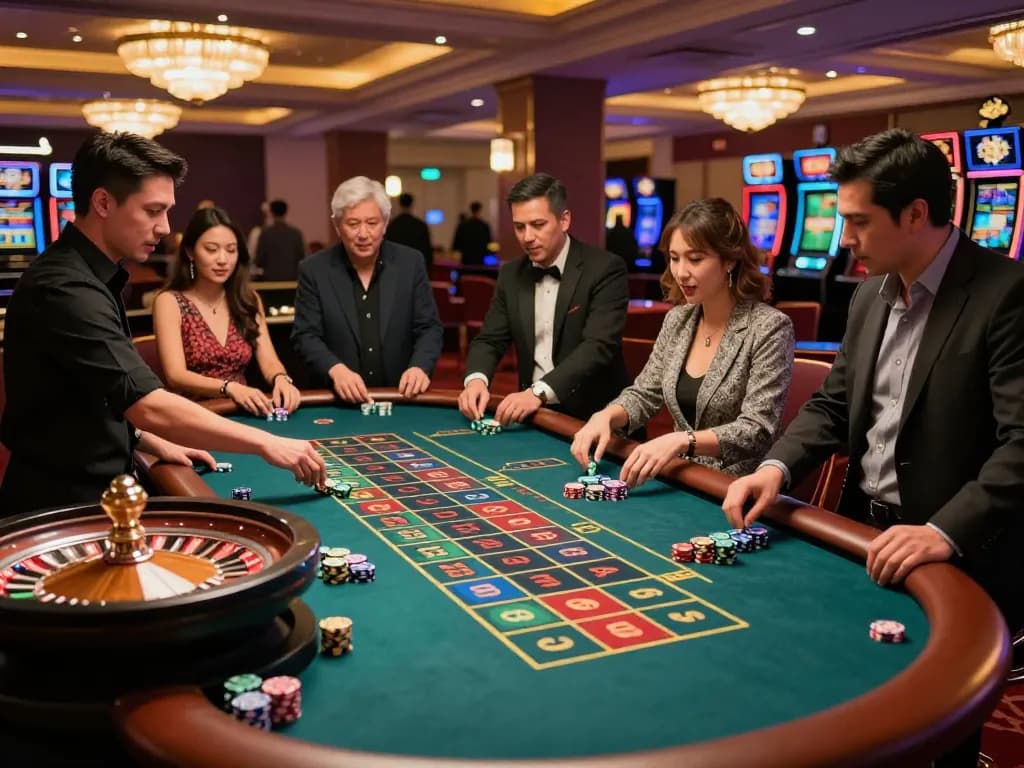 DABET attracts players with high-stakes excitement at a live roulette table, showcasing vibrant casino atmosphere.