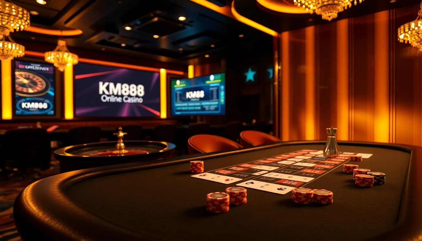 Experience the excitement of KM88 with a luxurious casino scene featuring poker tables and roulette wheels.