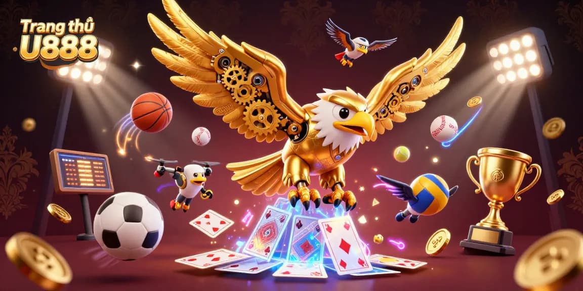 Engage with Trang chủ U888 as a golden eagle dives through holographic cards amidst dynamic sports elements.