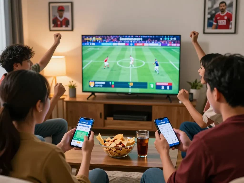 Friends celebrating and placing bets on the keonhacai5 app during a sports event at home.