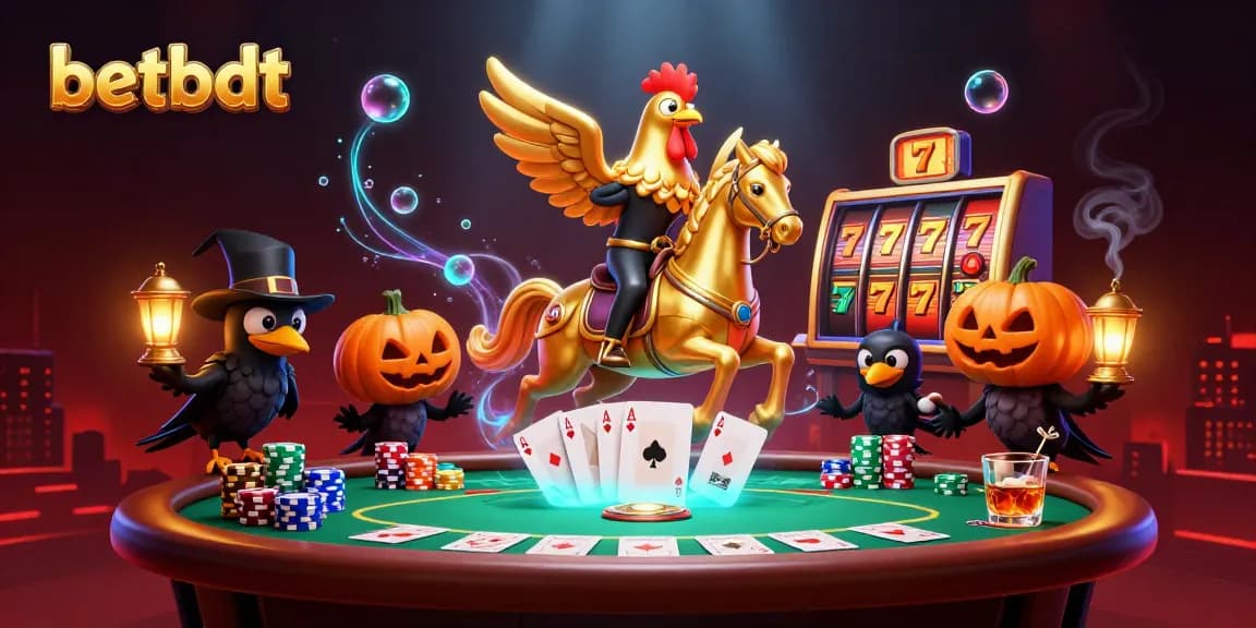 Engage with betbdt's vibrant casino adventure showcasing a golden rooster amidst poker and slot elements.