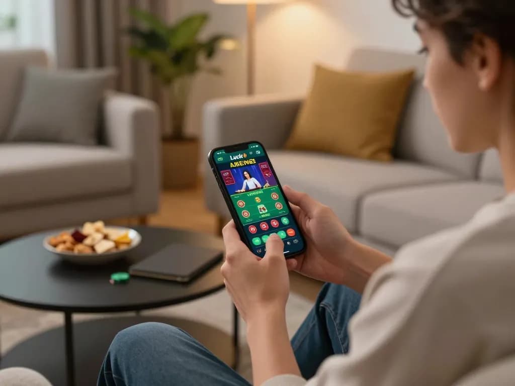 Playing games on the luck8 casino mobile app, engaging in live online gambling experience from home.