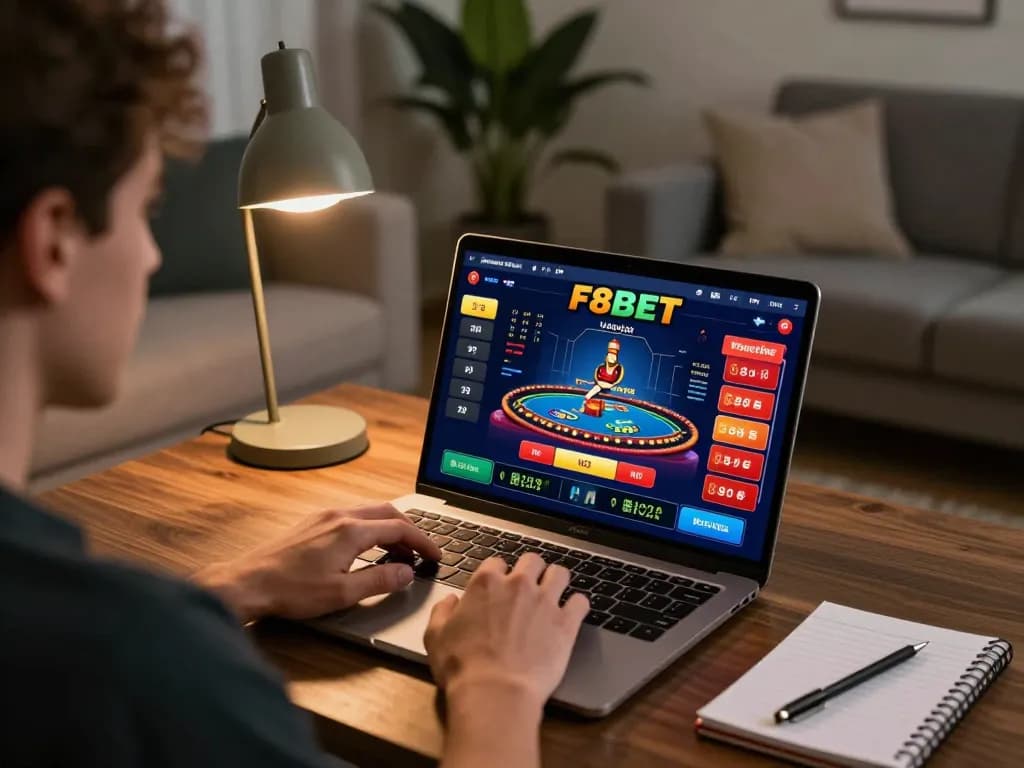 Player enjoying F8BET online experience with live dealer game on laptop in cozy living room setting