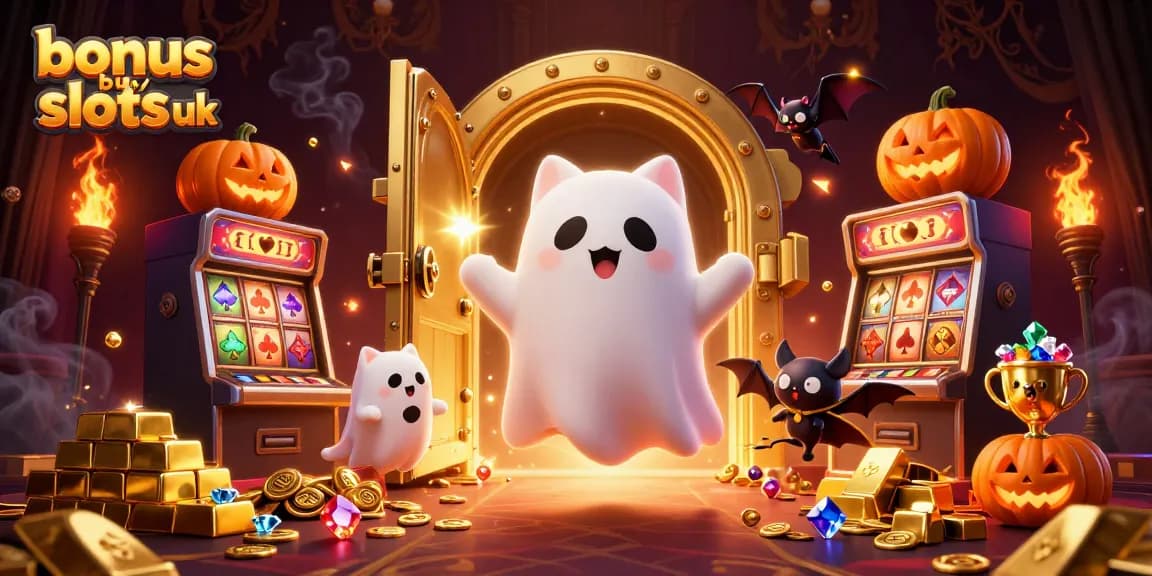 Experience the thrill of bonus buy slots uk with our cartoon ghost cat in a haunted casino scene.