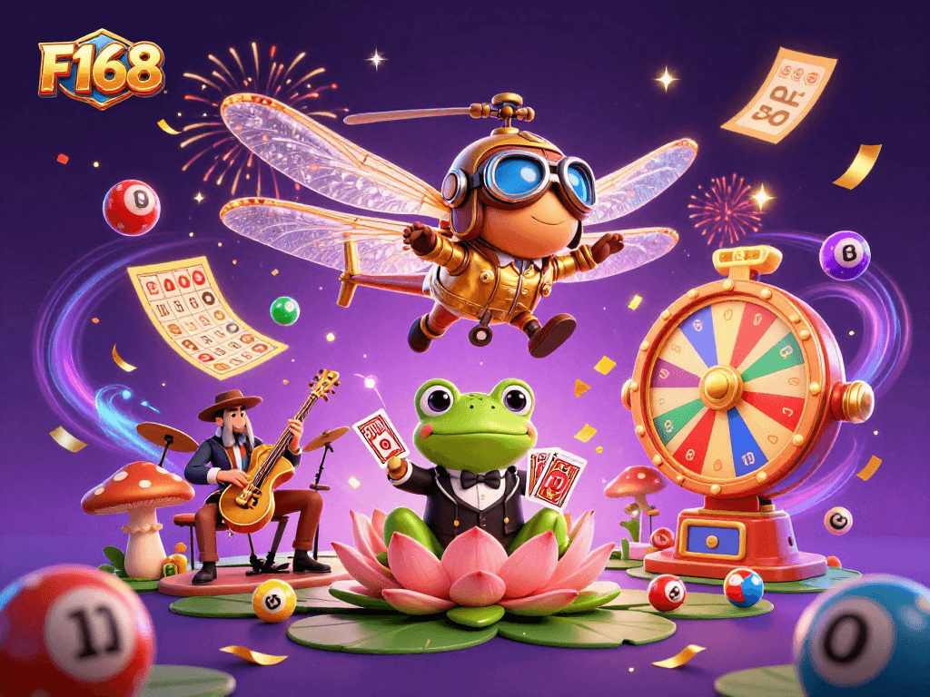 Experience F168's vibrant casino scene with a dragonfly pilot and frog croupier in action.