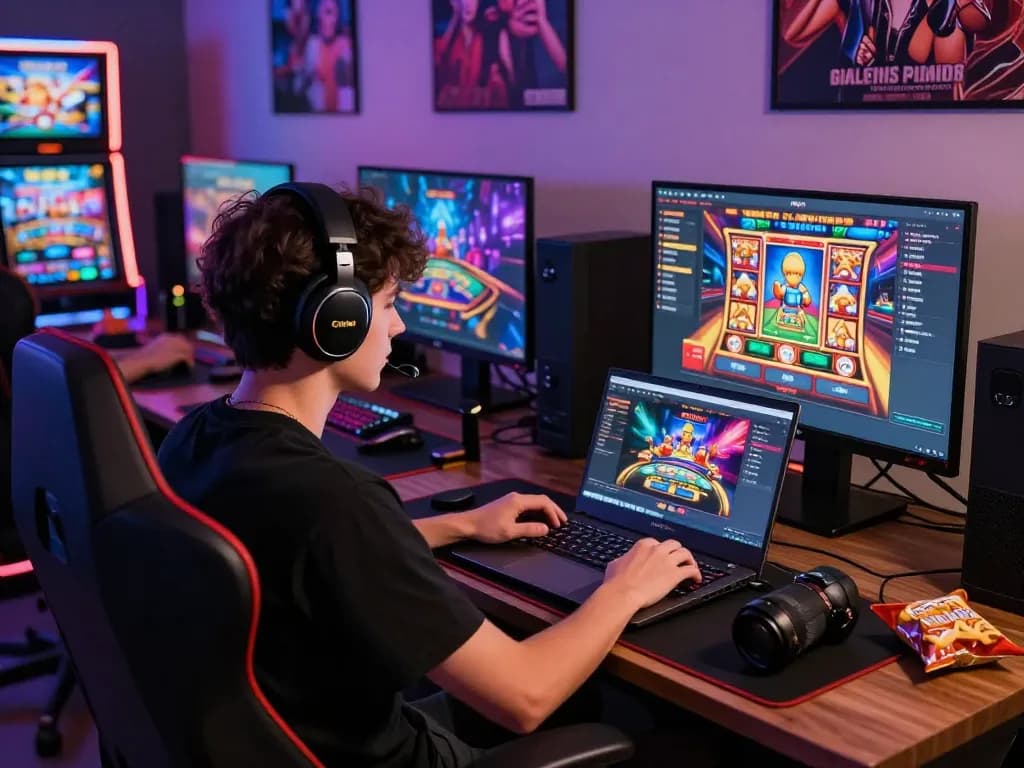 Engaging online gaming experience with Hitclub platform on a laptop, showcasing vibrant graphics and gaming accessories.