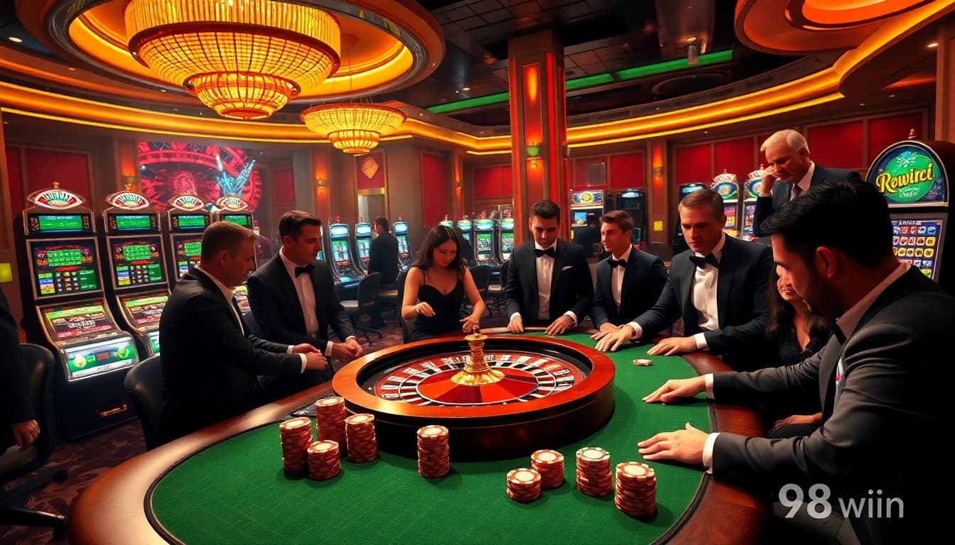 Experience high-stakes excitement at a 98win casino, with players at a luxurious poker table.