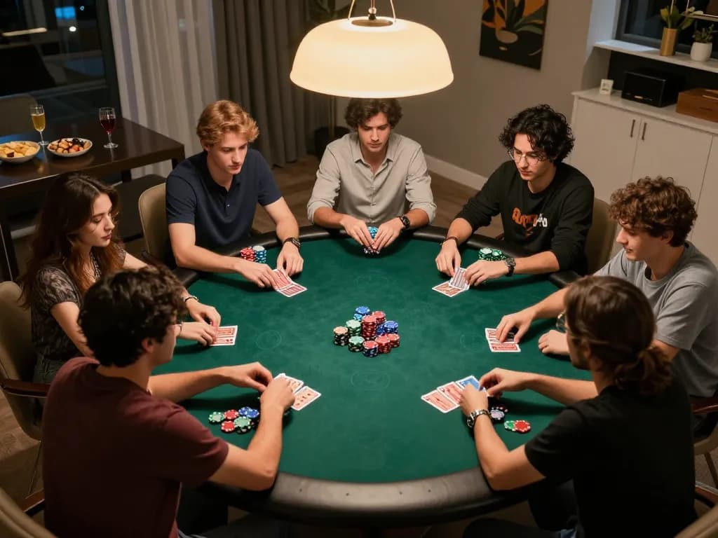 Engaged players at XX88 poker table in a cozy home setting, showcasing a vibrant gaming atmosphere.