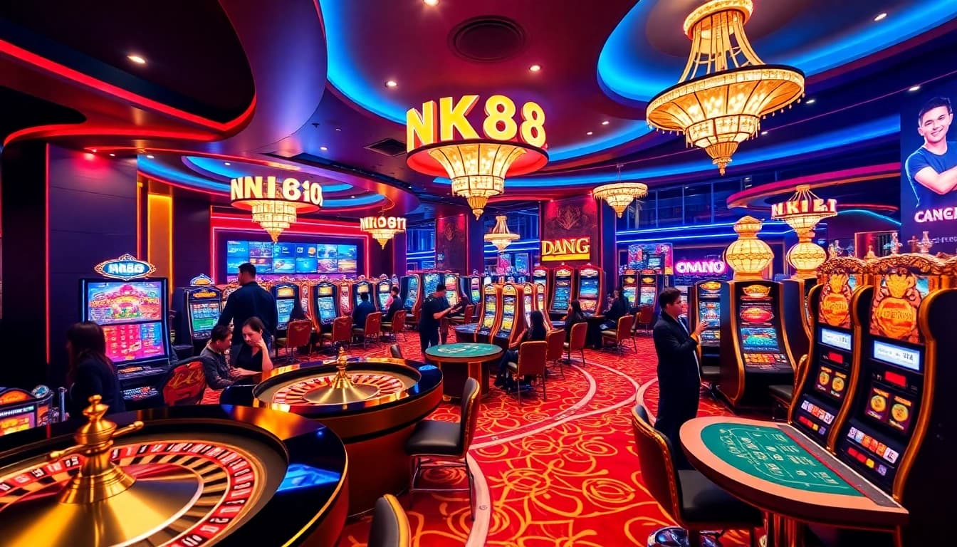Exciting gaming at nk88 trang chủ, showcasing players engaging with roulette and slot machines.