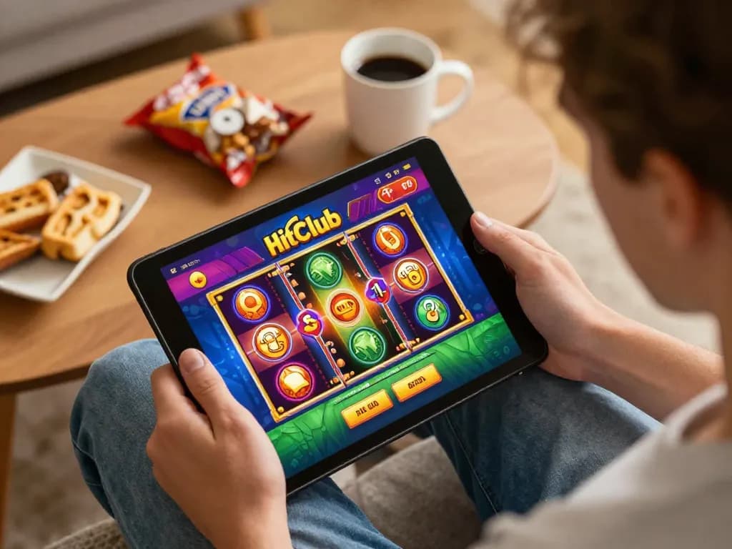 Player engaged with the Hitclub casino app, showcasing exciting online gaming experience in a comfortable setting.