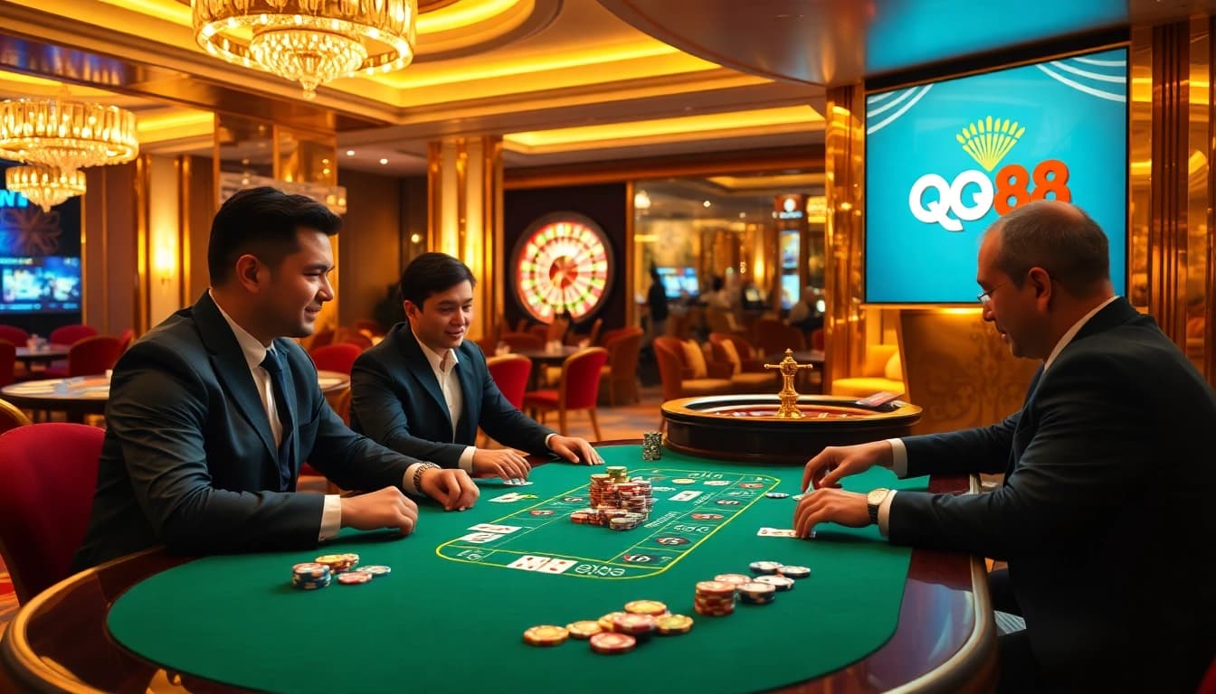 Engaged players at a poker table in Nhà Cái QQ88 casino, showcasing vibrant gambling excitement.