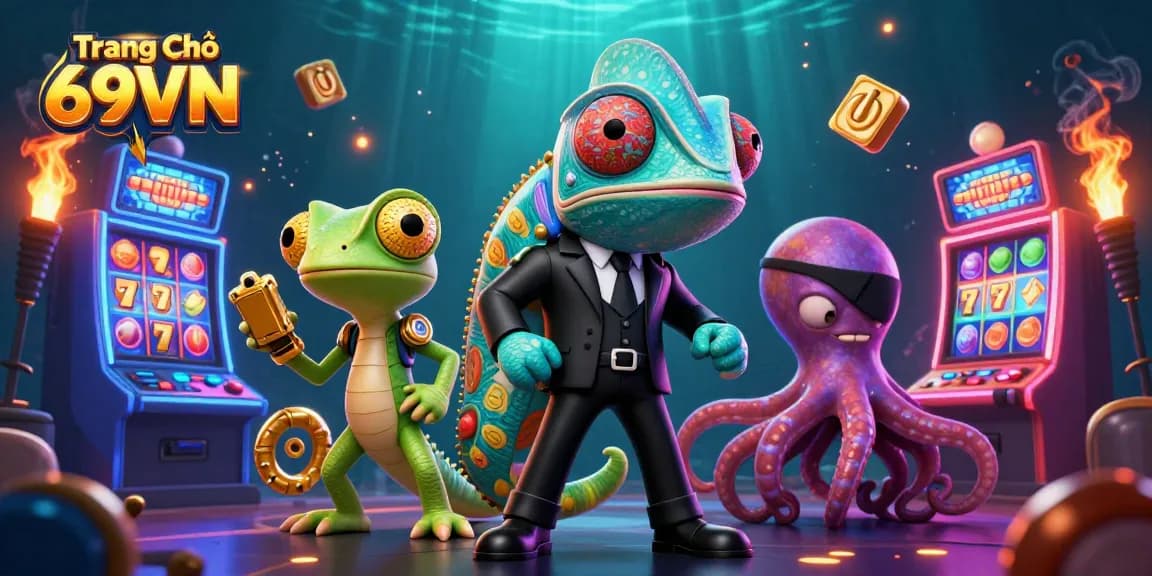 Engage in thrilling gaming at Trang Chủ 69VN with a vibrant casino scene featuring colorful slots and whimsical characters.