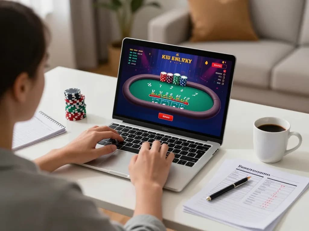 BOMWIN player engaging in live blackjack strategy at home with notes and laptop.
