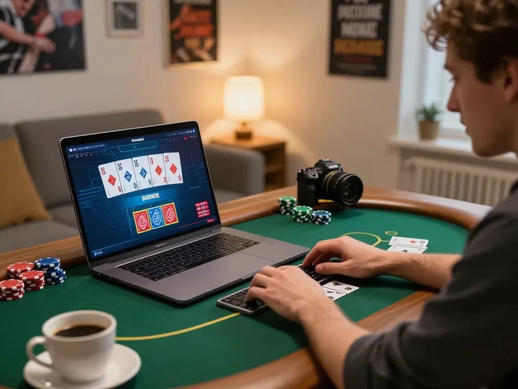 Player enjoying intense poker session on 58win com in a cozy home office setting.