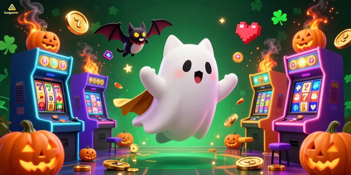 Experience thrilling casino action with luongsontv's vibrant scene featuring ghost cat, slot machines, and arcade fun.
