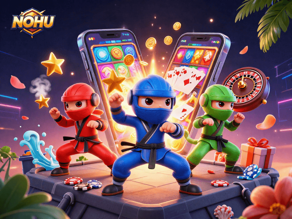 NOHU ninja chameleons engage in thrilling casino adventures with vibrant gaming elements.