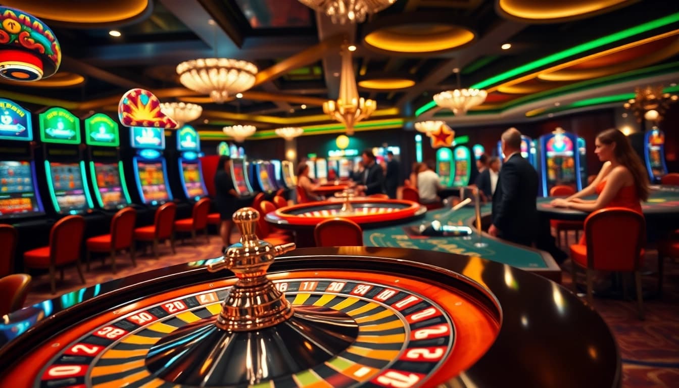 Experience the thrill of winning at BL555 casino with elegant gaming tables and vibrant slot machines.