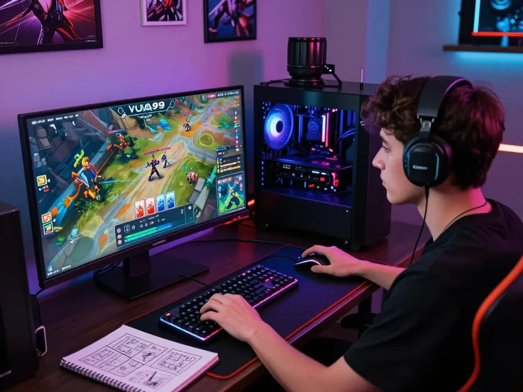 Engaged gamer at a VUA99 setup with vibrant LED lights and gaming accessories.