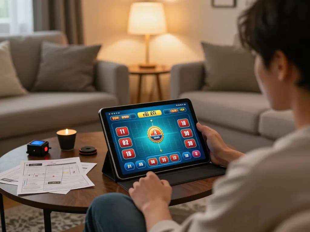 Engaging in tài xỉu online gaming on a tablet in a cozy living room setting.