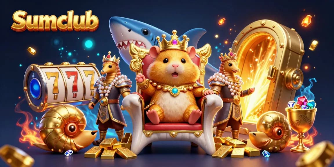 Engage in gambling excitement at Sumclub with a golden hamster king in a vibrant casino scene.