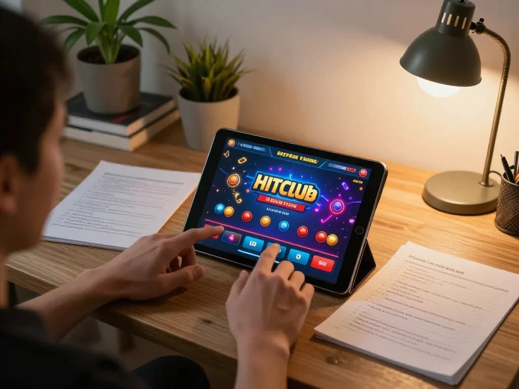 Player enjoying online gaming with Hitclub app on tablet, showcasing strategy-focused environment