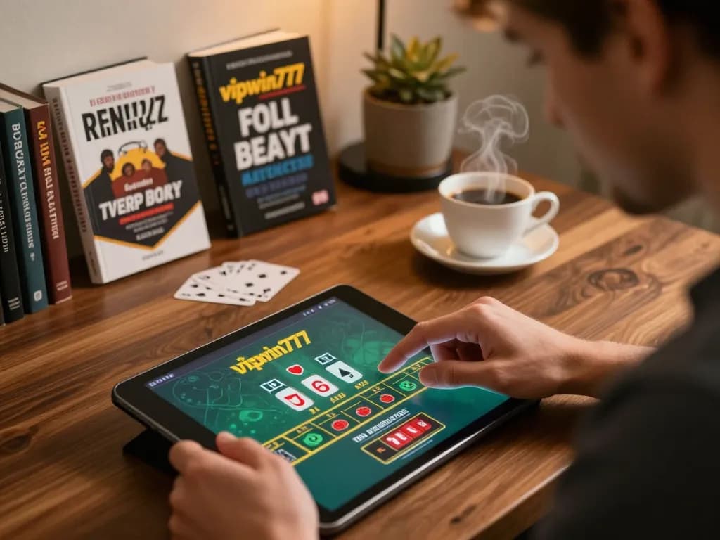 Engaged player strategizing blackjack on vipwin777 tablet in cozy home office