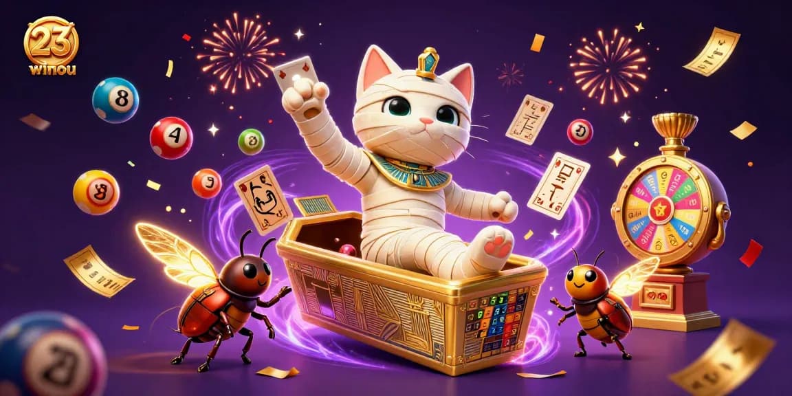 The 23winou mummy cat character showcases thrilling casino excitement with games and colorful elements in a vibrant scene.