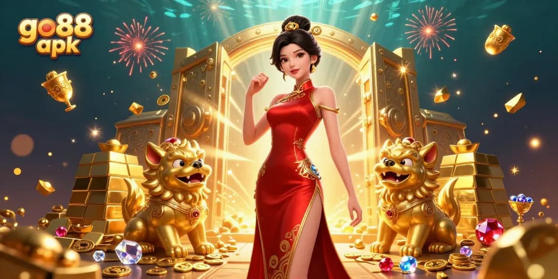 Explore the exciting Go88 APK with a glamorous Asian woman amid golden treasures and fireworks.