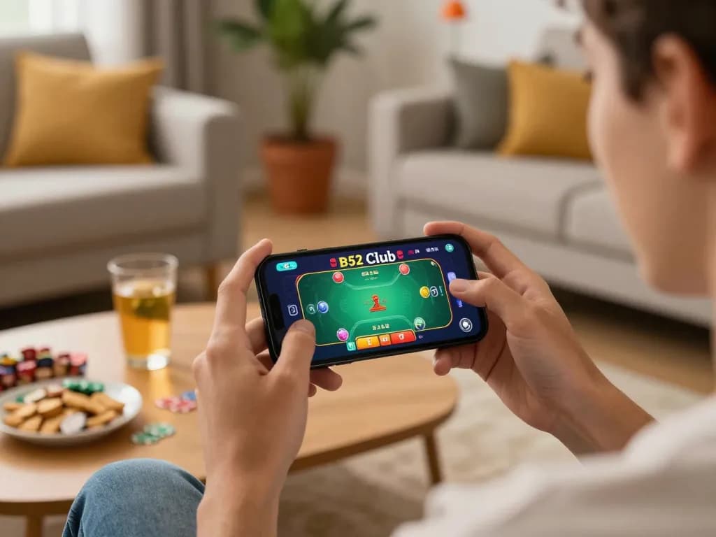 B52 Club mobile gaming experience with user engaged in exciting casino game.