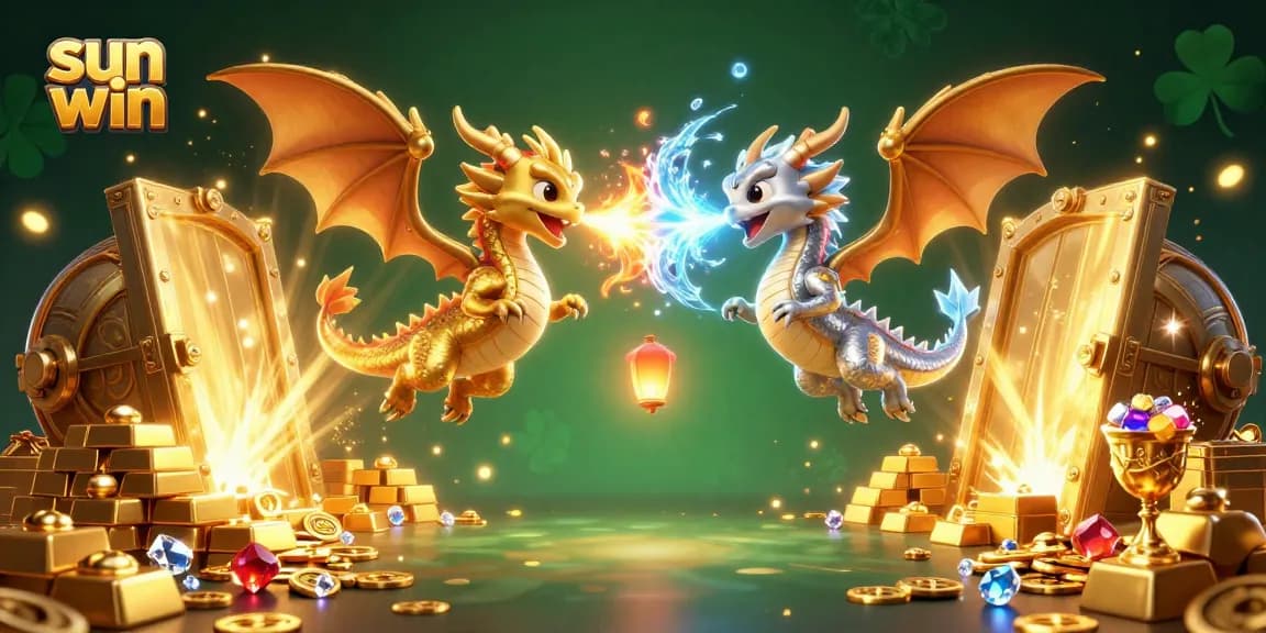 Feel the thrill of sun win as twin dragons unleash fire and ice amidst riches in this captivating illustration.