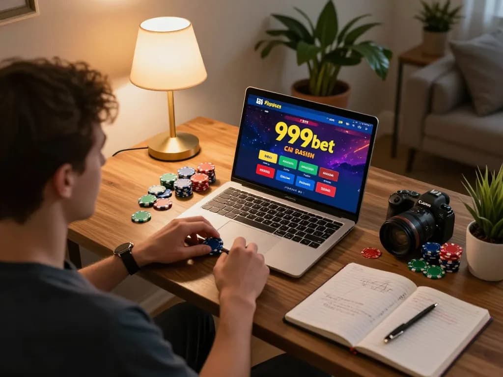 Player engaging in online gaming at 999bet, showcasing strategies and colorful chips.