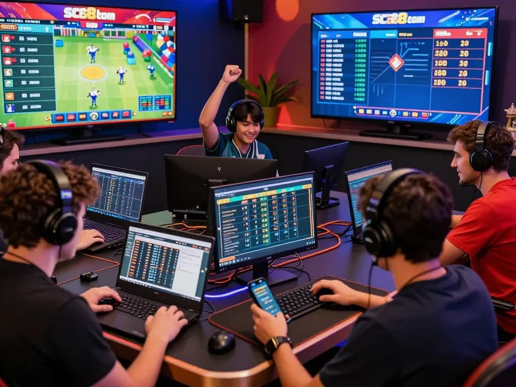 Exciting gaming scene with players engaging at SC88 com betting event, showcasing various devices and festive atmosphere.