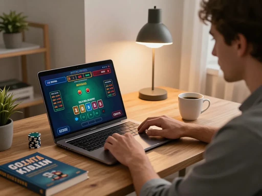 FLY88 player immersed in strategic blackjack gameplay on laptop, surrounded by comfort of home, showcasing responsible gaming.