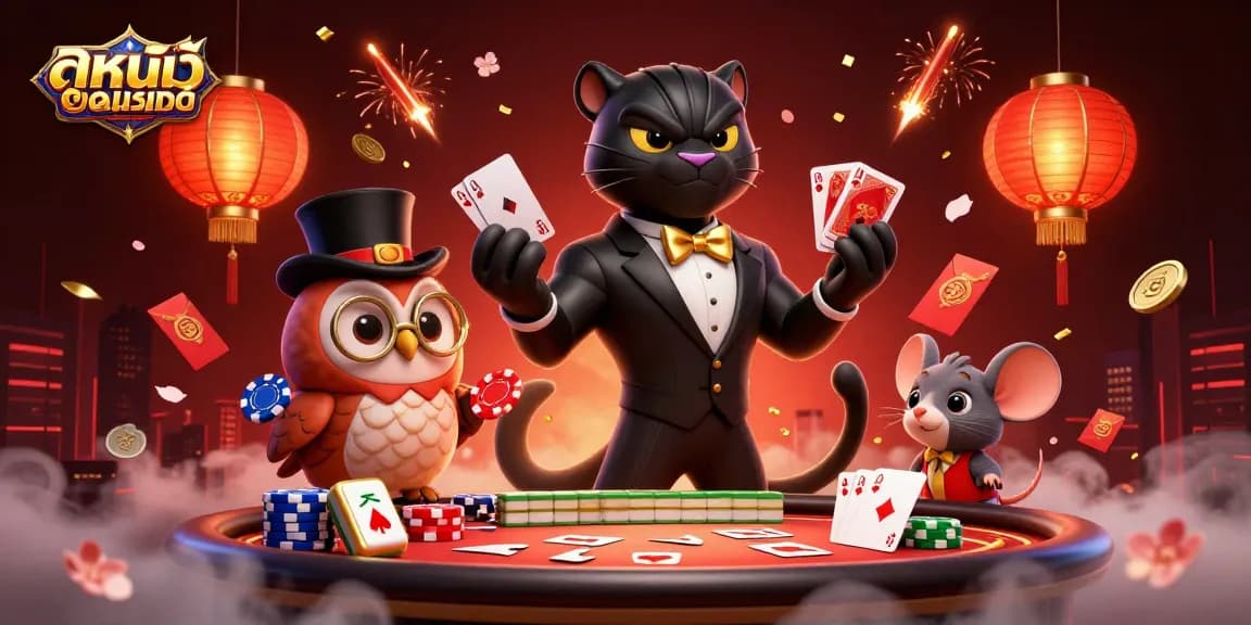 Engage with ดูหนังออนไลน์ as the black panther elegantly deals cards at a vibrant casino scene.
