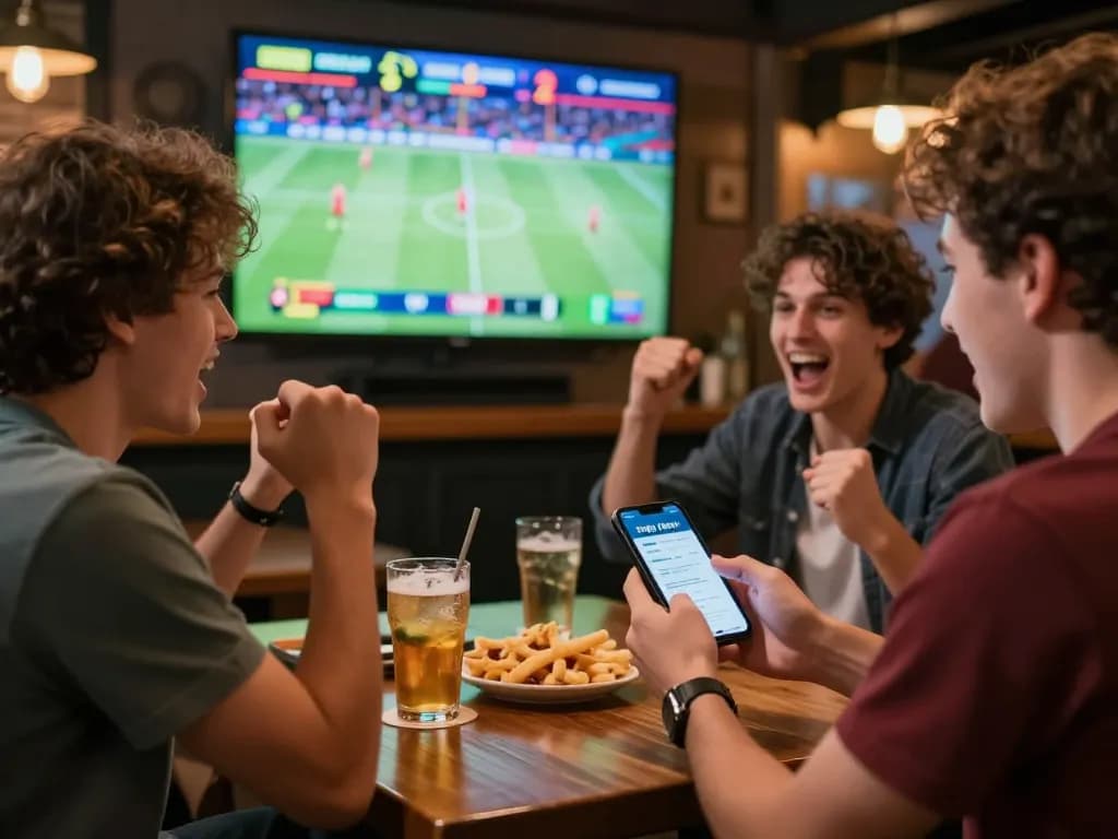 Friends checking tỷ lệ kèo trực tuyến while enjoying a lively sports betting night at a bar.