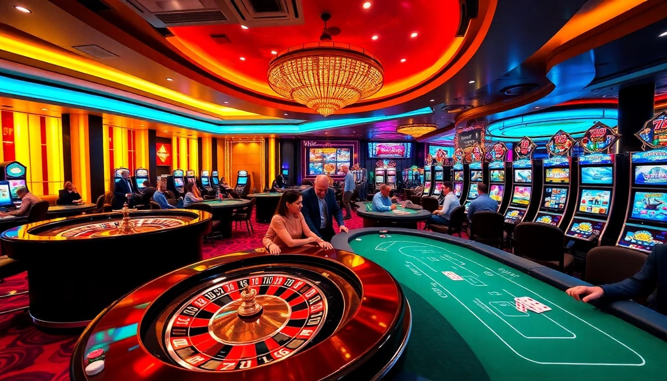 Experience thrilling gameplay at 79KING with a vibrant casino ambiance featuring roulette and poker tables.