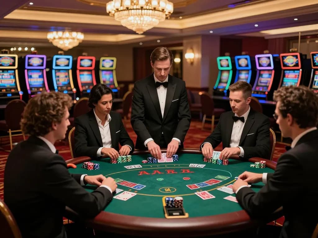 Players at a blackjack table in a casino enjoy strategic gameplay to win, showcasing 90phut excitement.