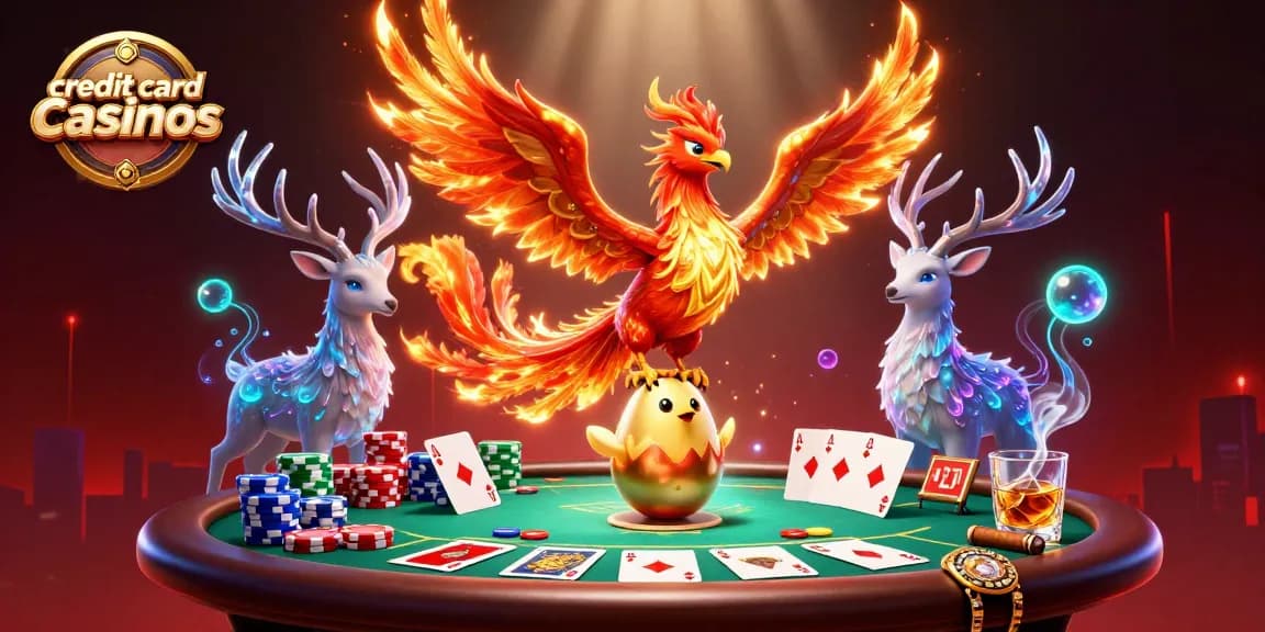 Experience the excitement of credit card casinos with vibrant illustrations of phoenixes and poker games.