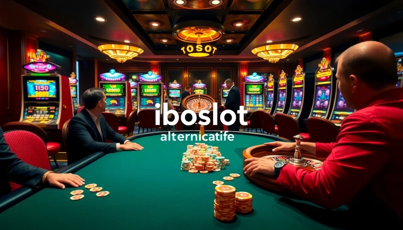 Engaging scene of gamblers at a poker table highlighting iboslot alternatif and online casino thrills.