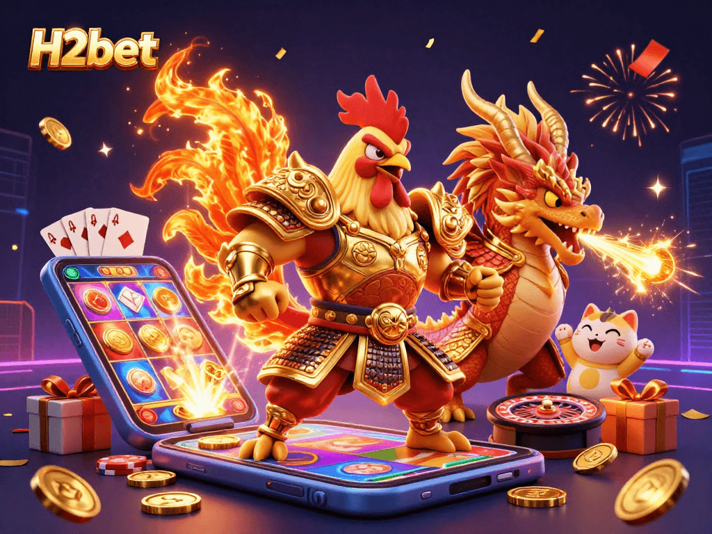 Experience H2bet with an engaging 3D cartoon scene of vibrant casino action and dynamic characters.