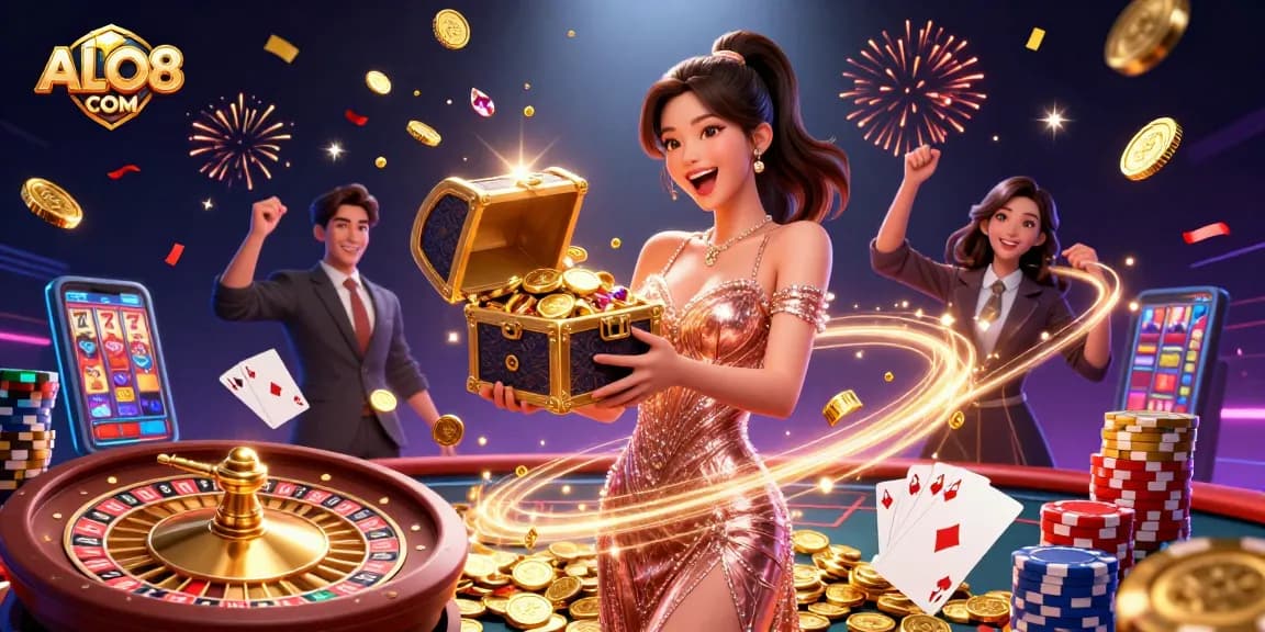 Experience winning at ALO8 COM with a vibrant treasure chest overflowing with casino riches and dynamic gaming elements.