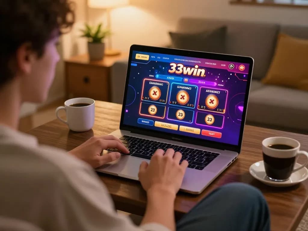 33win player enjoying a winning moment on laptop while engaging in online casino gameplay, warm cozy atmosphere.