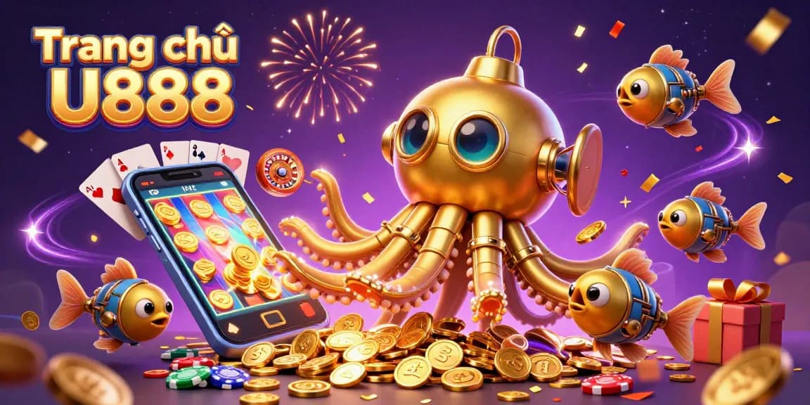 Engage with Trang chủ U888 through immersive slots gameplay illustrated by a golden kraken submarine.