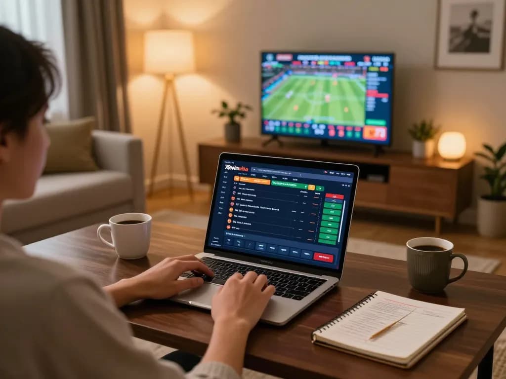 Engaging sports betting moment on 78winvina platform, showcasing user-friendly interface and cozy home setup.