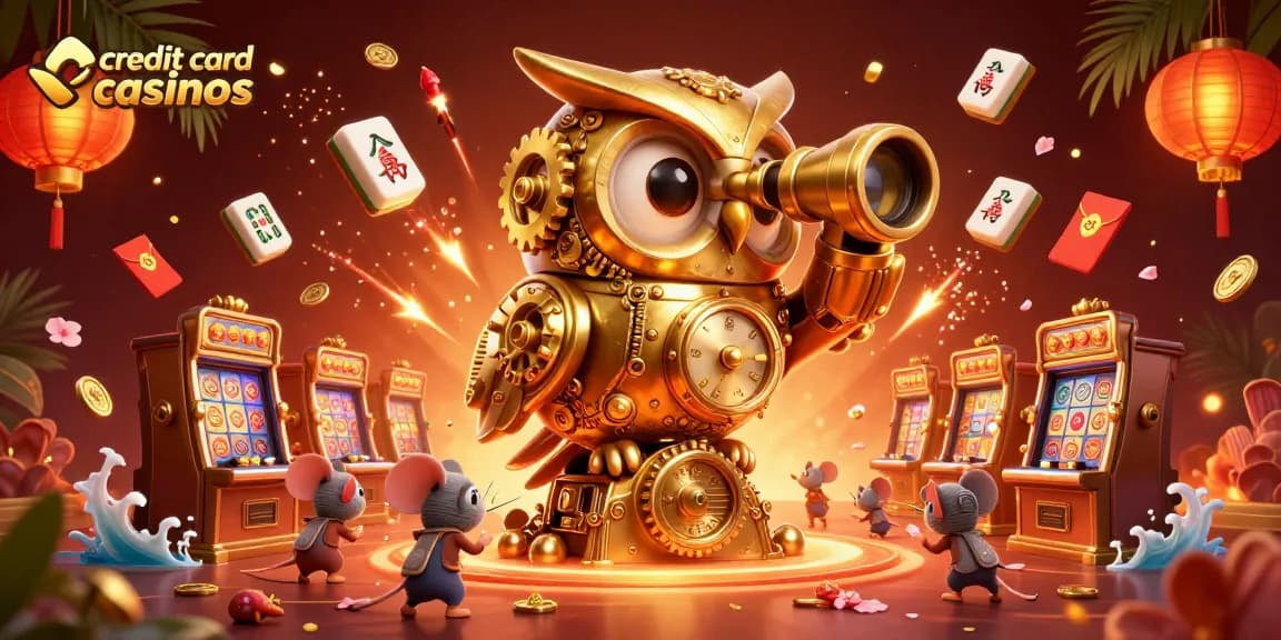 Engage in thrilling credit card casinos gameplay with golden owl supervising a vibrant casino floor.